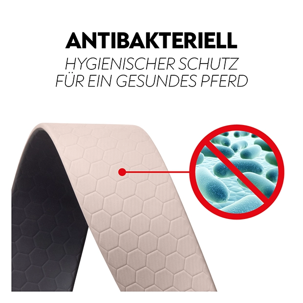 A close, up view of a beige antibacterial strap with a hexagonal pattern, highlighting its hygienic features for equine care.