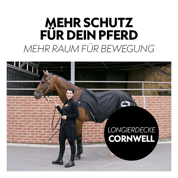 Horse blanket, Cornwell horse walker rug horse with woman at stable, black, text more protection for your horse more freedom of movement, SUNRIDE