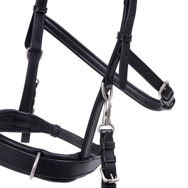 cavesson bridle ely in black leather with detailed view of  silver mounting including reins by sunride