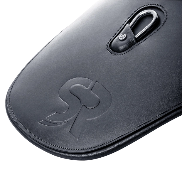 sr embossing on black silver stud guard girth hickstead detailed view of sr embossing on elastic black leather stud guard girth hickstead with silver mounting by sunride