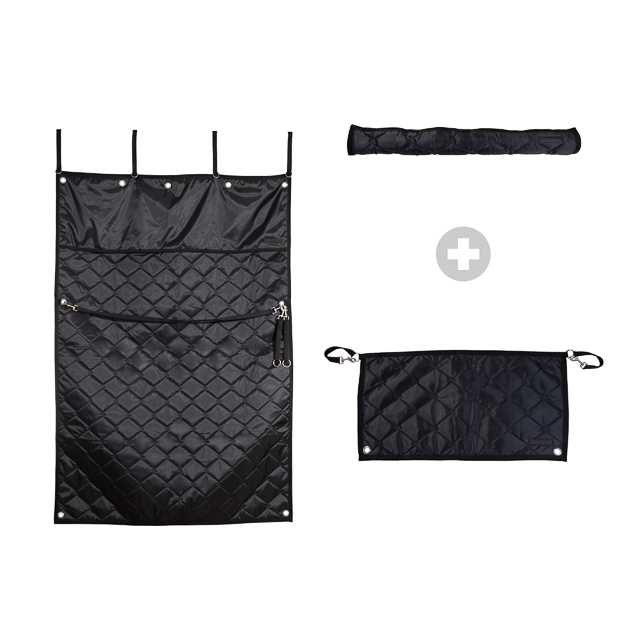 complete black set for stable containing head protector and stall barrier and stable curtain