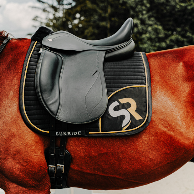 dressurschabracke in schwarz mit goldener umrandung sowie goldenem sr logo von sunride am pferd