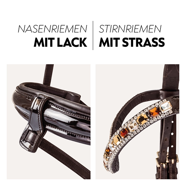 Close, up of a horse bridle featuring a glossy noseband on the left and a decorative browband adorned with sparkling stones on the right.