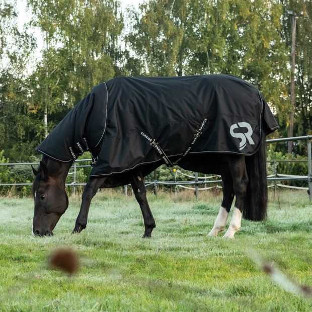 dublin black reflecting rain rug 50 grams filling and neck part on horse in meadows combination of black rain rug dublin with 50 grams filling and reflecting elements and the matching neck part by sunride on a horse in the meadows