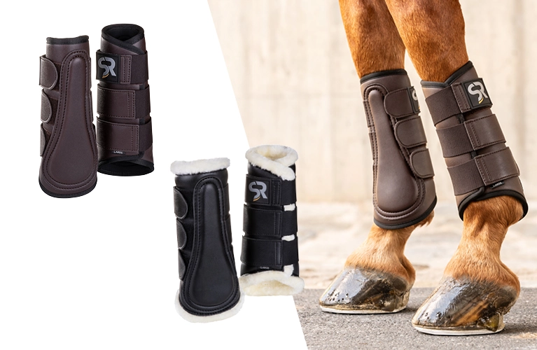 Dressurgamaschen Zwei Pferdebeine mit braunen Dressurgamaschen auf Asphalt daneben sind die Gamaschen in Braun und Schwarz mit weißem Fellrand einzeln abgebildet