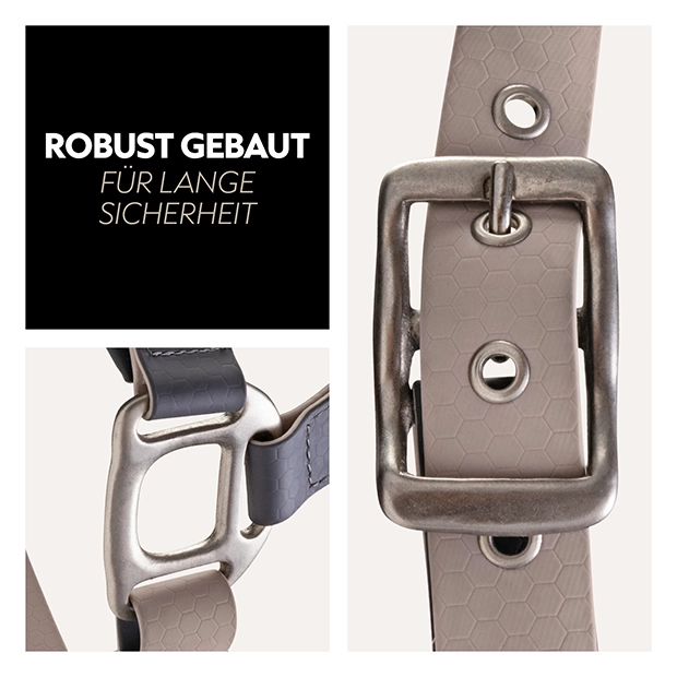 Detailaufnahme eines robusten Halters mit einem silbernen Schnallenverschluss und einem strapazierfähigen, beige, farbenen Riemen.