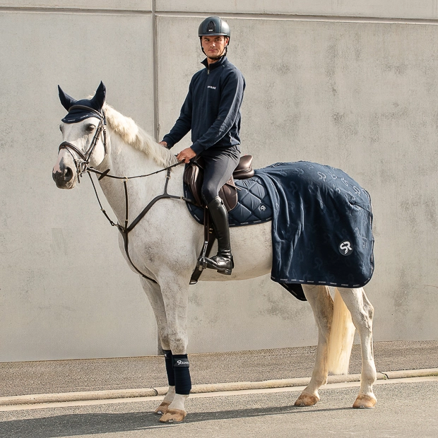 wellington set blau mit abschwitzdecke, bandagen, schabracke und fliegenhaube am pferd wellington set blau mit abschwitzdecke, fleece bandagen, satteldecke sowie passendem elastischen fliegenhaube am pferd mit reiter