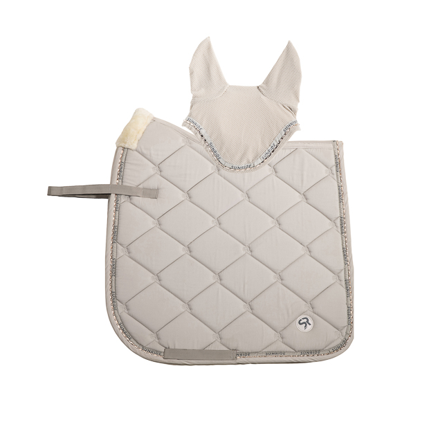 set of breathable dressage saddle pad wellington beige with  gemstones and fur on withers with matching earnet wellington