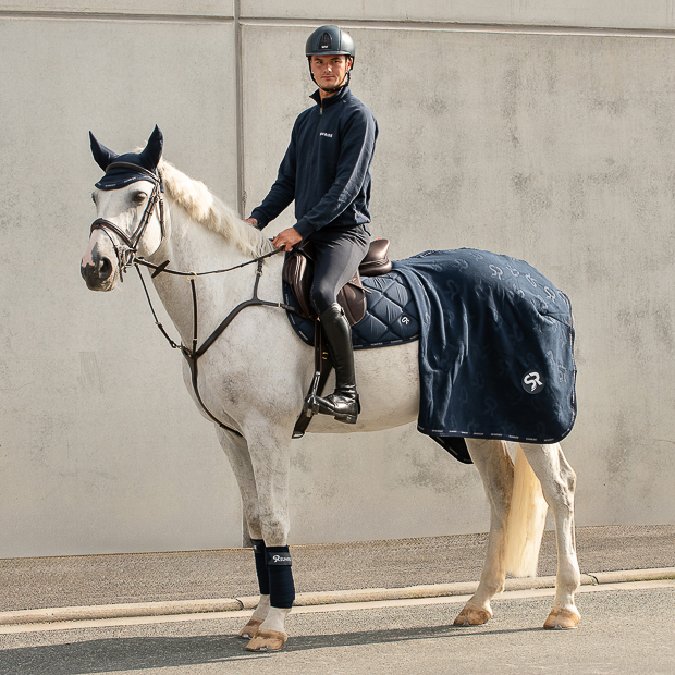 wellington set blau mit abschwitzdecke, bandagen, schabracke und fliegenhaube am pferd wellington set blau mit abschwitzdecke, fleece bandagen, satteldecke sowie passendem elastischen fliegenhaube am pferd mit reiter
