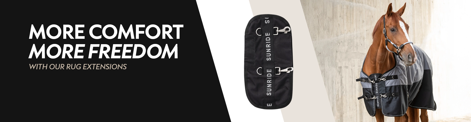 Chest extensions Nuuk A horse is wearing a rug with the Nuuk chest extension at the front and on the left the Nuuk is shown separately