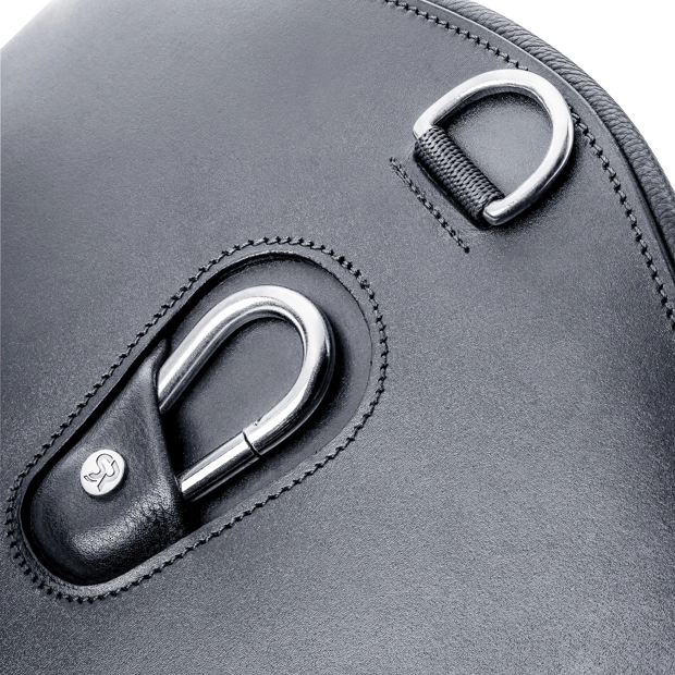 hook and ring of black silver stud guard girth hickstead detailed view of hook and ring on elastic black leather stud guard girth hickstead with silver mounting by sunride