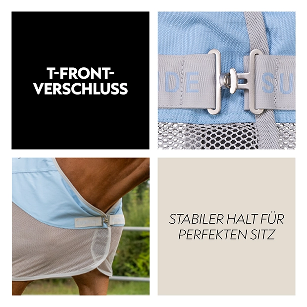 Detailansicht einer blauen Regenfliegendecke mit T, Frontverschluss und einem stabilen Halt für perfekten Sitz, sichtbar an einem Pferd.