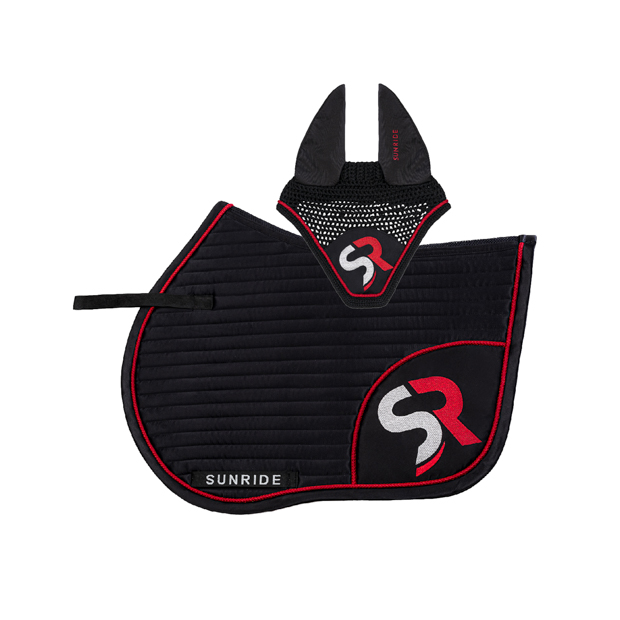 set of black red sr line jumping saddle pad with breathable air mesh spine and matching fly earnet by sunride