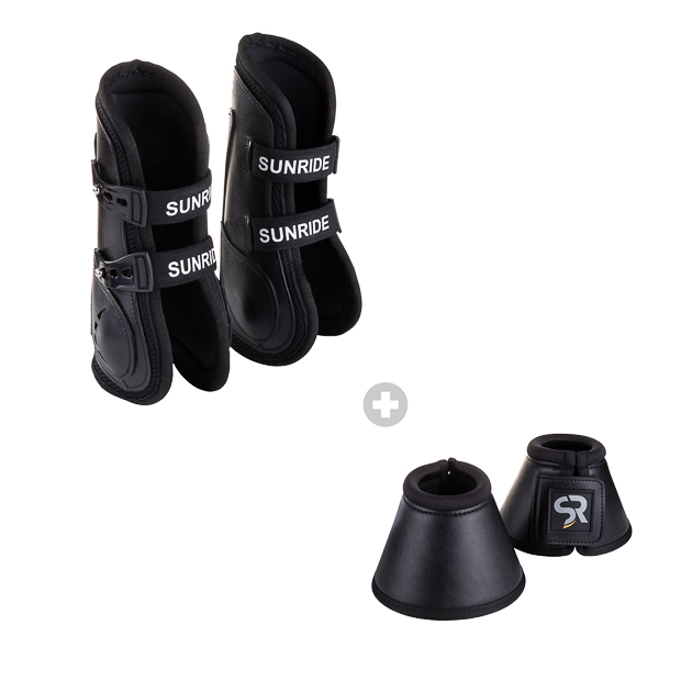 1 black leather jumping boots with protection layer and elastic straps and black leather bells boots in a set by sunride boots