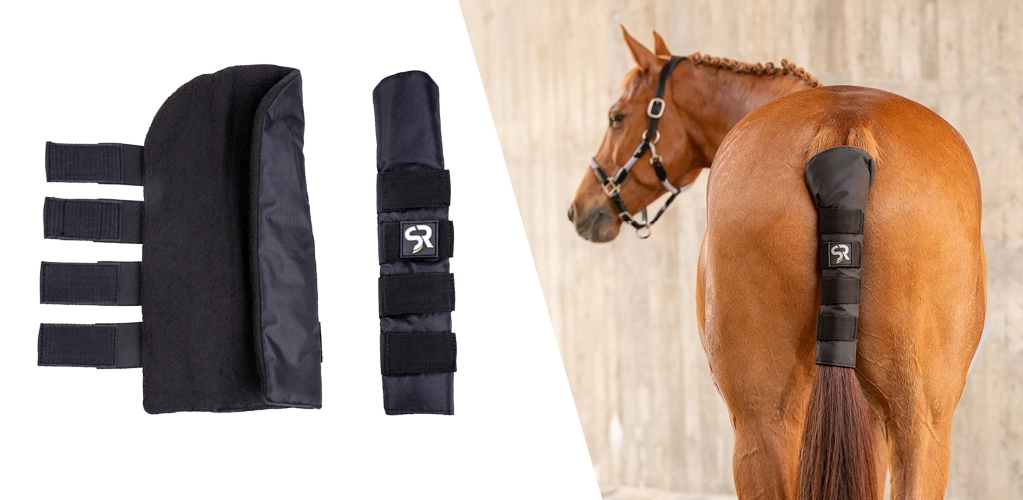 Schweifschoner Ein Pferd steht mit der Kruppe nach hinten und trägt einen Schweifschoner am Schweifansatz. Links im Bild sind Nahaufnahmen des Schweifschoners mit vier Klettverschlüssen zu sehen