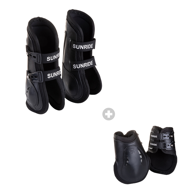 set of leather jumping boots black and high leather fetlock boots black black leather jumping boots with protection layer and elastic straps and high black leather fetlock boots in a set by sunride
