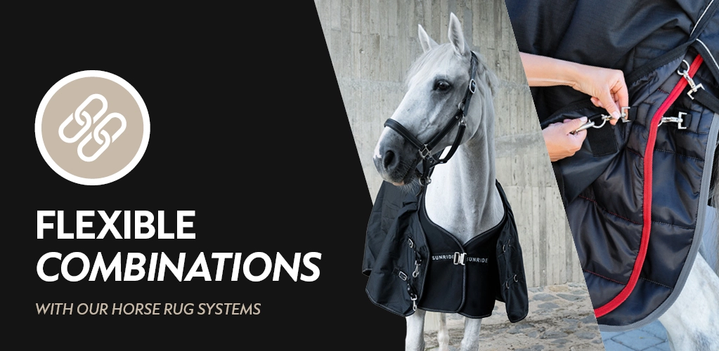 Rug combination systems A horse wearing a black rug with the SUNRIDE logo stands in front of a concrete wall on the right side straps of another black horse rug with a red trim are being fastened on the left the text reads Flexible Combinations with our Horse Rug Systems