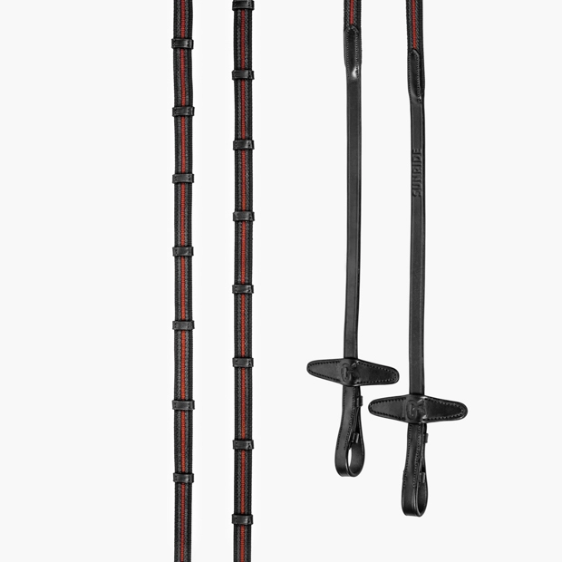 detailansicht zuegel fuer die rot abgesetzte englisch kombinierte trense hawaii in schwarz von sunride inklusive passende zuegel