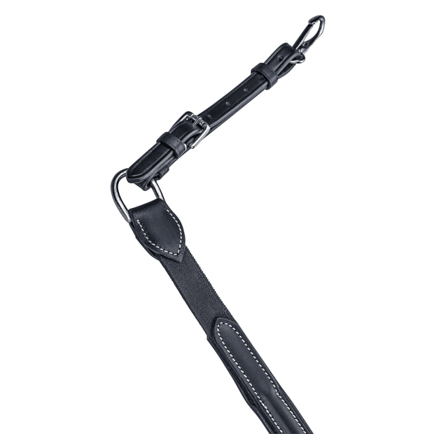 detailed view of adjustable strap of windsor black breastplate with martingal and elastic straps by sunride