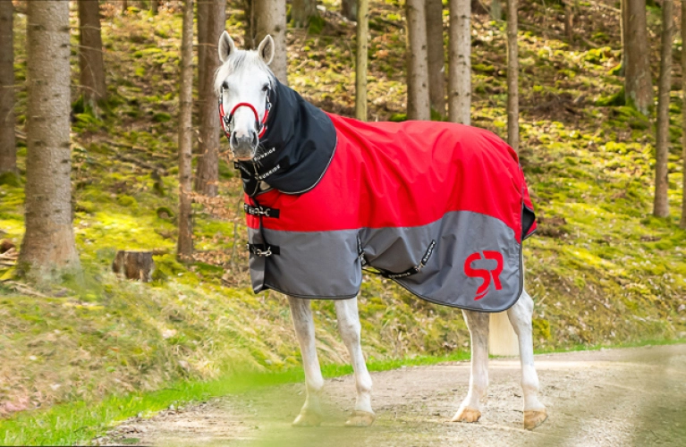 Winterdecke Helsinki Ein Pferd steht auf einem Waldweg und trägt eine rot-graue Decke mit Halsteil von Sunride Modell Helsinki