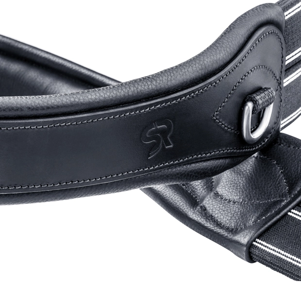 d-ring of black silver saddle girth soho detailed view of d-ring of elastic black leather saddle girth soho with silver mounting by sunride