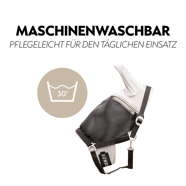 Waschbare Fliegenmaske für Pferde mit einem grauen und schwarzen Design, ausgestattet mit einem praktischen Verschluss für den täglichen Einsatz.