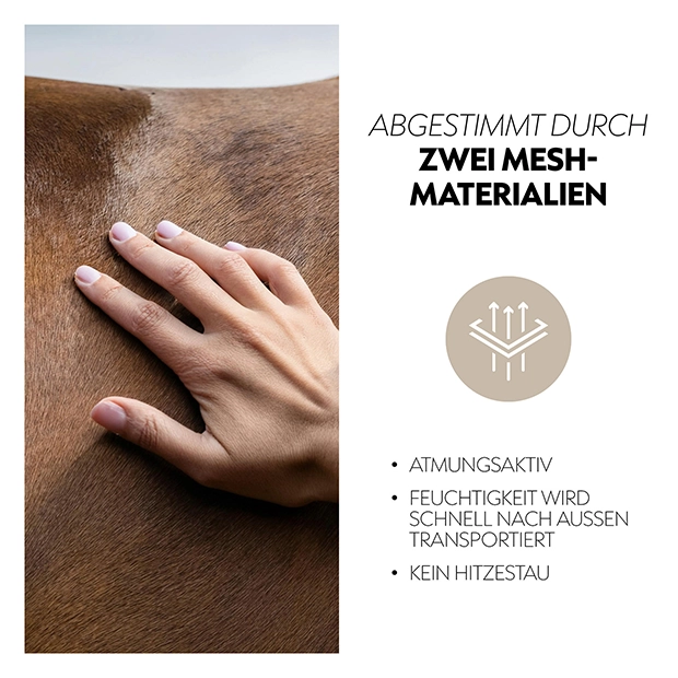 Hand auf Pferdefell, daneben Werbetext zu leichtem, atmungsaktivem Tragegefühl ohne Hitzestau.