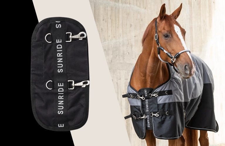 Brusterweiterungen Nuuk Ein Pferd hat eine Decke drauf und vorne an der Brust die Brusterweiterung das Nuuk und Links daneben ist das Nuuk noch mal einzeln abgebildet