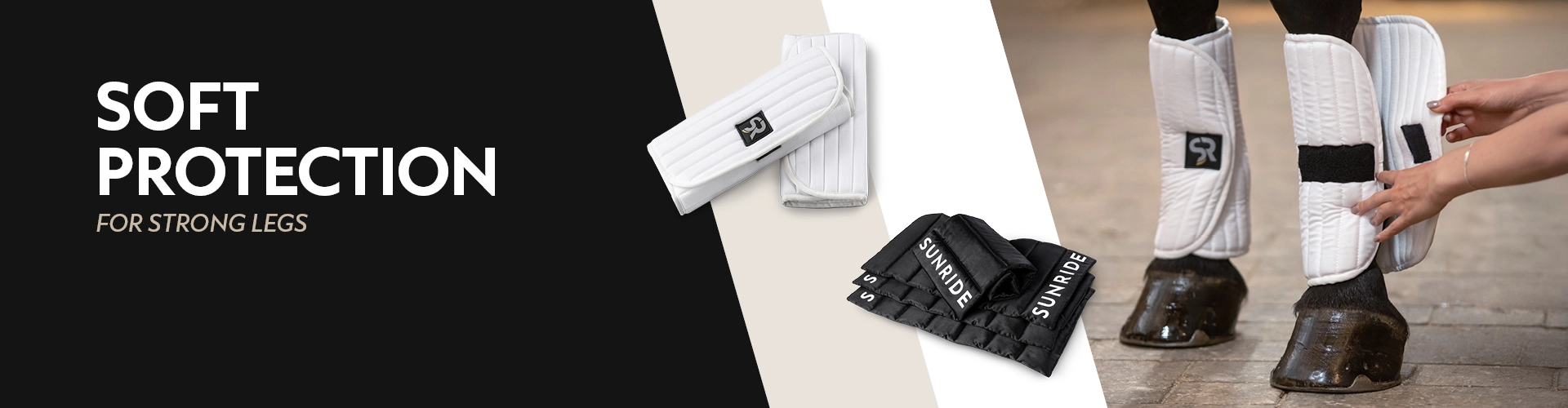 Two horse legs with white bandage pads with Velcro fasteners, next to them the pads shown individually in white and below in black satin