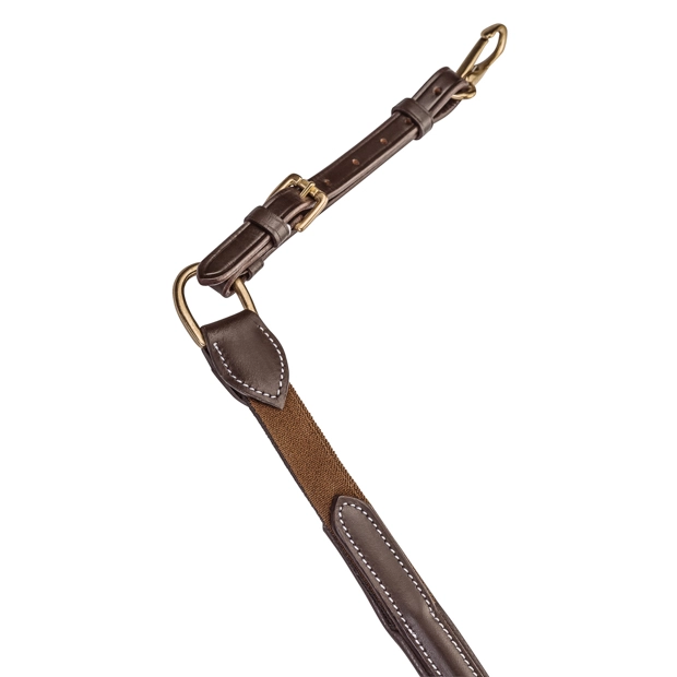 adjustable strap on elastic leather breastplate and martingal windsor brown detailed view of adjustable strap of windsor brown leather breastplate with martingal and elastic straps by sunride