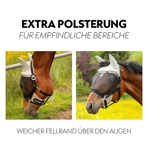 Fliegenmaske für Pferde mit weichem Fellrand und extra Polsterung für empfindliche Bereiche, abgebildet an einem Pferd im Freien.