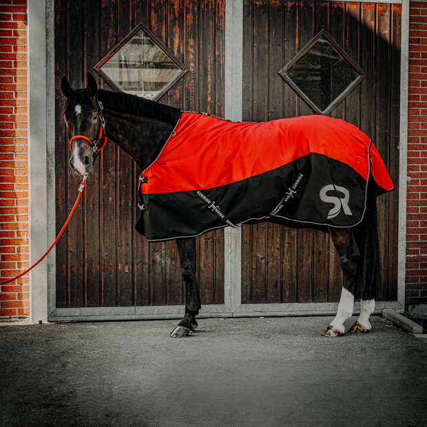 red helsinki winter rug with 250 grams filling and reflecting elements and red leather cord halter by sunride on a horse in front of a stable