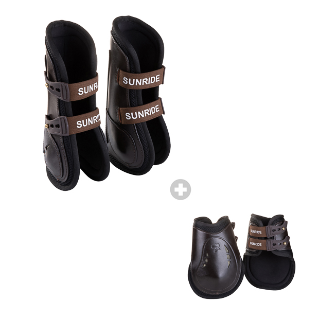 1 brown leather jumping boots with protection layer and elastic straps and high brown leather fetlock boots in a set by sunride