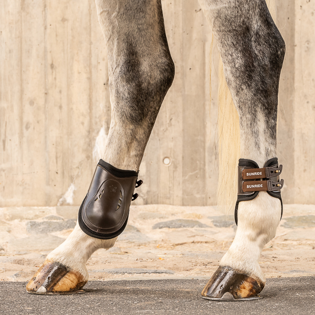 high leather fetlock boots brown on horse  brown high leather fetlock boots with protection layer and elastic closure straps by sunride on a horse leg