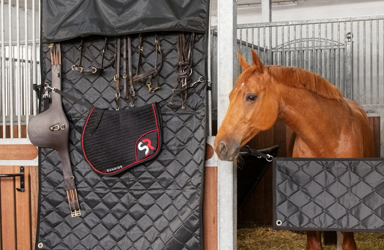 Stallbedarf Ein schwarzer Boxenvorhang hängt an einer Pferdebox daran befestigt sind eine schwarze Schabracke mit rotem Rand und ein Reithelm rechts daneben schaut ein braunes Pferd aus seiner Box