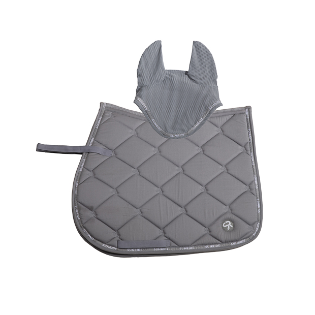 jumping saddle pad and elastic fly net wellington line grey in a set set of grey wellington line jumping saddle pad with breathable air mesh spine and matching elastic ernet by sunride