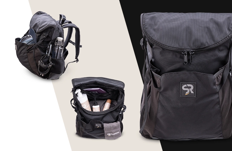 Rucksack Drei schwarze Rucksäcke aus recyceltem Material links mit Trinkflasche in der Mitte geöffnet mit Pflegeprodukten rechts ein großer leerer Rucksack