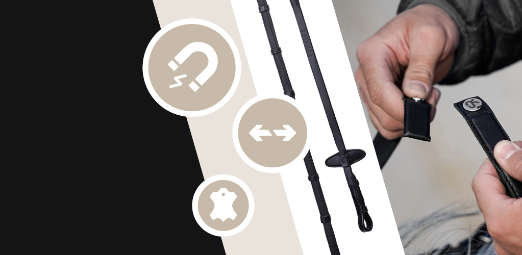 Zügel Ein Reiter hält den Verschluss eines Magnet Sicherheitszügelsets in der Hand Daneben sind die Zügel mit magnetischem Verbindungssystem zu sehen Daneben befinden sich Symbole die Magnetkraft Flexibilität und Sicherheit darstellen