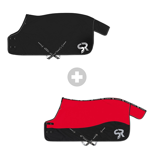 set of black rain rug dublin with 50 grams filling and reflecting elements and red helsinki reflecting winter rug with 250 grams filling by sunride