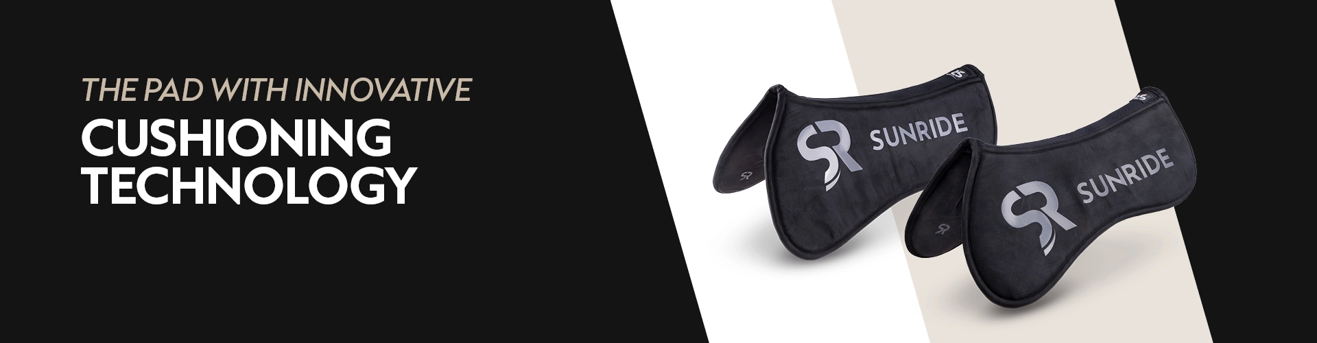 Sattelpad Cloud One Two black saddle pads with the SUNRIDE logo lie next to each other on the left the text reads The Pad with Innovative Cushioning Technology
