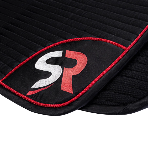 sr embroidery of breathable dressage saddle pad red and black exclusive line with fur on withers