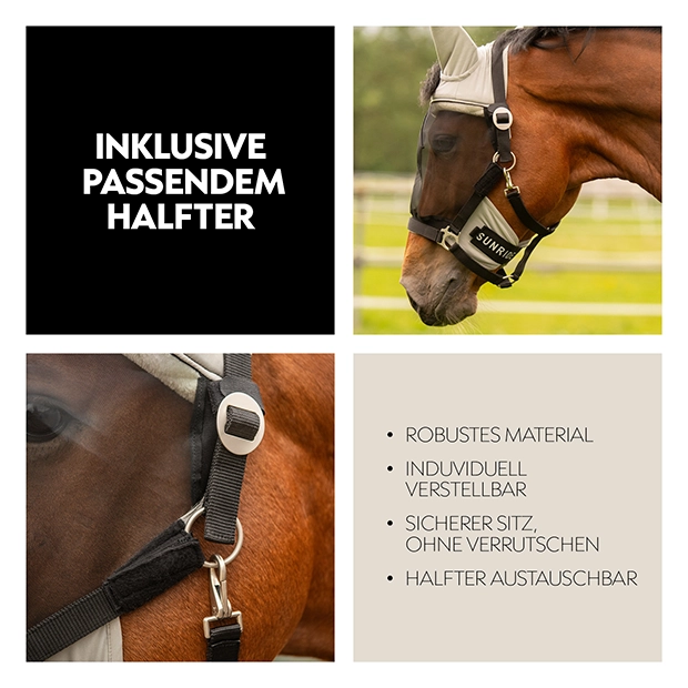 Fliegenmaske für Pferde mit passendem Halfter, individuell verstellbar und sicher sitzend, aus robustem Material für optimalen Schutz.