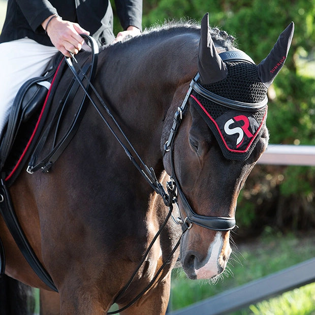 schlaufzuegel aus schwarzem leder mit verbindungsstueck von sunride am pferd mit reiter