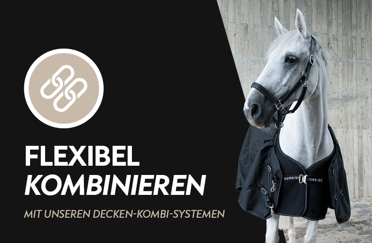 Decken Kombi Systeme Ein Pferd trägt eine schwarze Decke mit dem SUNRIDE Logo und steht vor einer Betonwand links daneben der Text Flexibel kombinieren mit unseren Decken Kombi Systemen