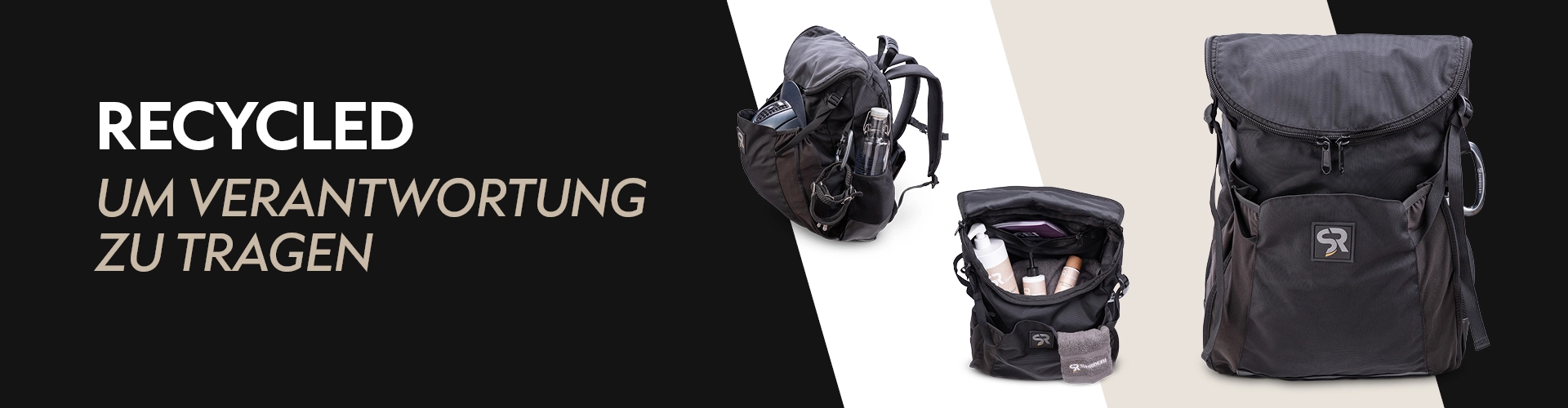 Rucksack Drei schwarze Rucksäcke aus recyceltem Material links mit Trinkflasche in der Mitte geöffnet mit Pflegeprodukten rechts ein großer leerer Rucksack links daneben der Text Recycled um Verantwortung zu tragen