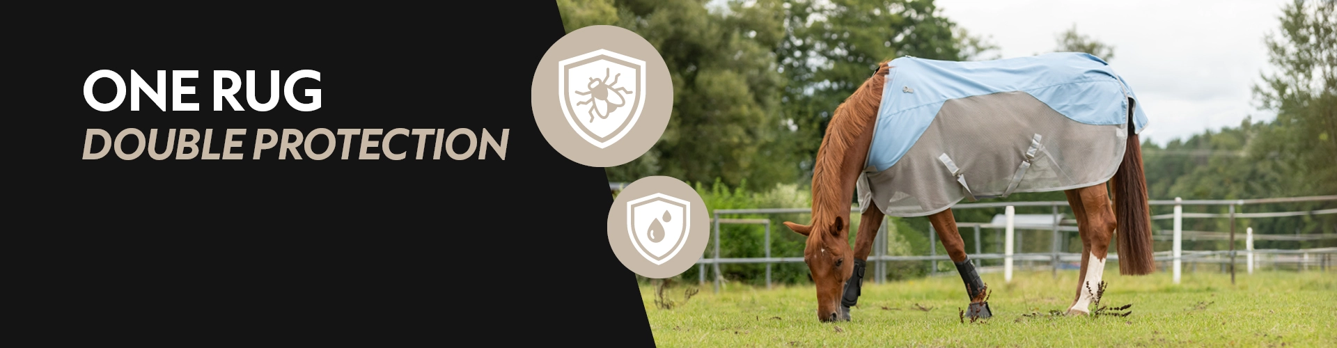 A brown horse grazes in a grassy field while wearing a light blue and gray protective rug designed for outdoor use.