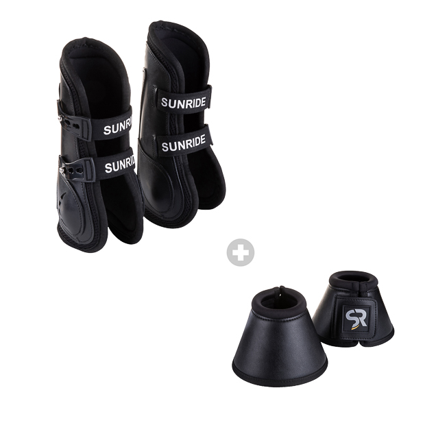 black leather jumping boots with protection layer and elastic straps and black leather bells boots in a set by sunride boots