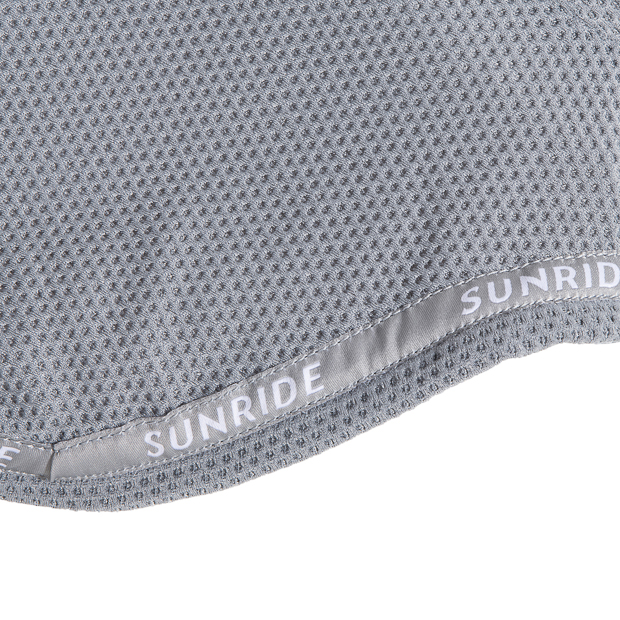 detailed view of binding on rounded elastic ear net and fly hood grey wellington line by sunride