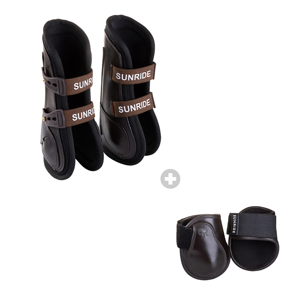 1 brown leather jumping boots with protection layer and elastic straps and low brown leather fetlock boots in a set by sunride