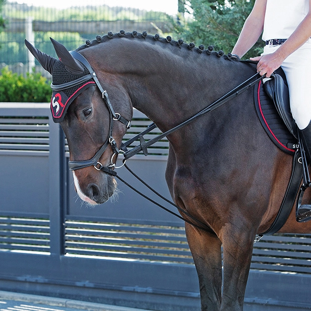 black leather draw reins with silver mounting and extra loop by sunride with rider on horse